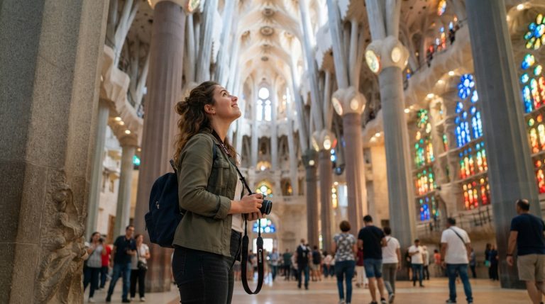 Na tym obrazie widać wnętrze bazyliki Sagrada Família w Barcelonie